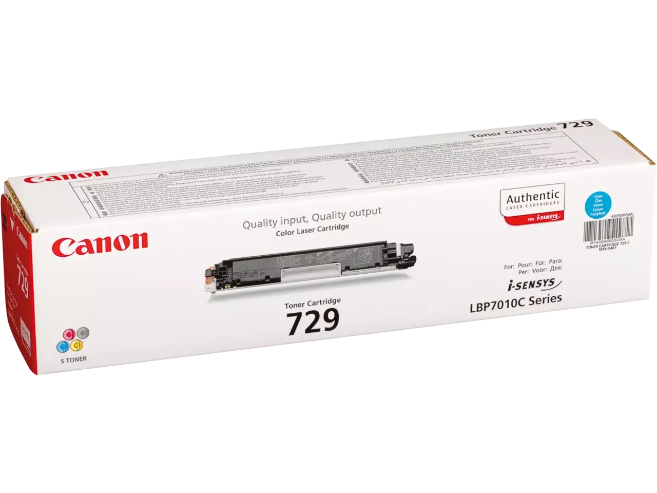 4369B002 Canon 729C LBP cartridge cyaan 1000 pagina’s De Canon CRG-729 C kleurentoner levert tot 1000 pagina’s in cyaan en is geschikt voor diverse Canon Laser Printer-modellen. Een