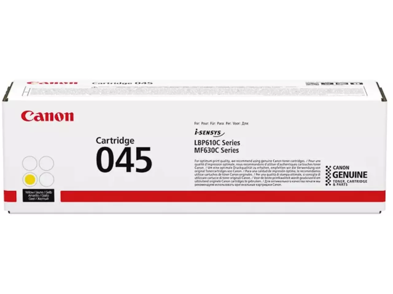 1239C002 Canon 045Y LBP cartridge geel ST 1300 pagina’s De Canon 045 gele tonercartridge levert tot 1300 pagina’s en is geschikt voor diverse Canon i-SENSYS laserprinters en multifunctionals. Een