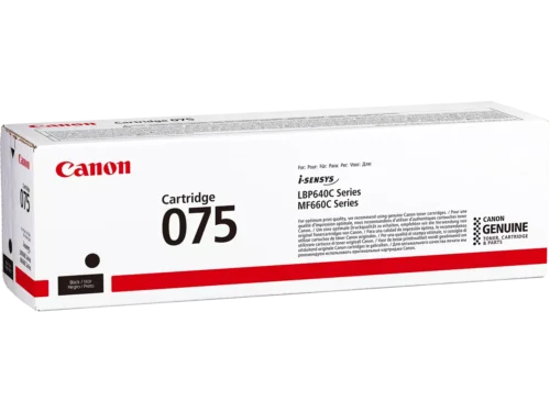 De Canon 075 zwarte toner levert tot 1300 pagina’s en is ideaal voor scherpe, duidelijke zwart-witafdrukken. Deze toner wordt per