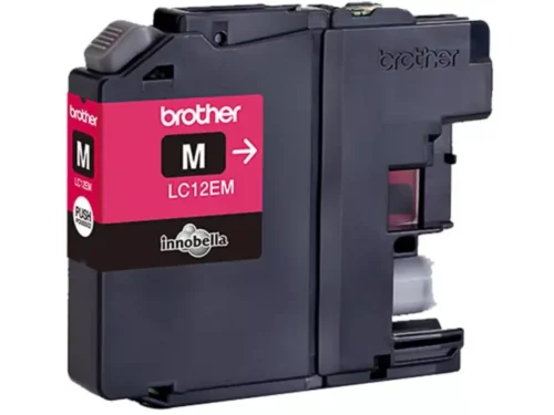 De Brother LC12EM is een magenta inktcartridge op pigmentbasis in een enkele verpakking, goed voor tot 1200 pagina’s. Deze Brother