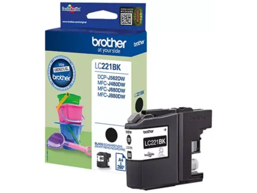 De Brother LC221BK is een zwarte inktcartridge op pigmentbasis die zorgt voor scherpe, duidelijke afdrukken. Deze handige enkele verpakking levert