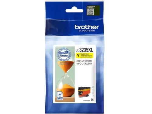 De Brother LC3235XLY is een gele XL-inktcartridge op pigmentbasis met een hoge opbrengst tot 5000 pagina’s, ideaal voor scherp en