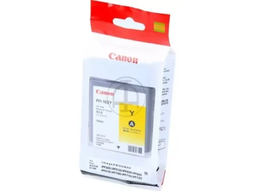 Canon PFI-102Y is een gele pigmentinktcartridge van 130 ml, ontworpen voor diverse Canon imagePROGRAF-printers. Deze inkt levert scherpe, duurzame afdrukken