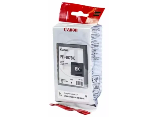 Canon PFI-107BK is een zwarte inktcartridge op pigmentbasis, speciaal ontworpen voor diverse Canon imagePROGRAF-printers. Deze cartridge levert scherpe, betrouwbare afdrukken