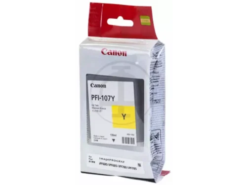 De Canon PFI-107Y is een gele pigmentinktcartridge die zorgt voor scherpe, duurzame afdrukken met heldere kleuren. Deze verpakking bevat 1