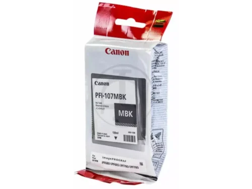 De Canon PFI-107MBK is een matzwarte pigmentinktcartridge die zorgt voor scherpe, professionele afdrukken. Deze verpakking bevat 1 stuk en is