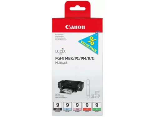 De Canon 1033B013 is een handige multi-verpakking met 5 inkjetcartridges in groen, mat zwart, foto cyaan, foto magenta en rood,