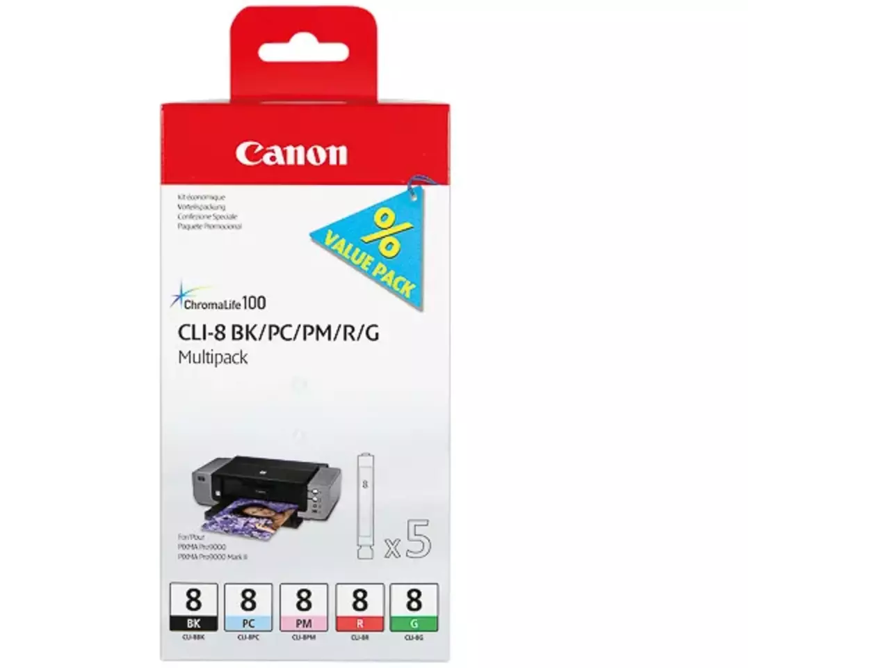 Canon cli8 nr.8 pixma inkt blister 5×13 ml voor canon printers De Canon 0620B027 is een handige multi-verpakking met 5 pigmentgebaseerde foto-inktcartridges in foto cyaan en foto magenta. Ideaal voor scherpe,