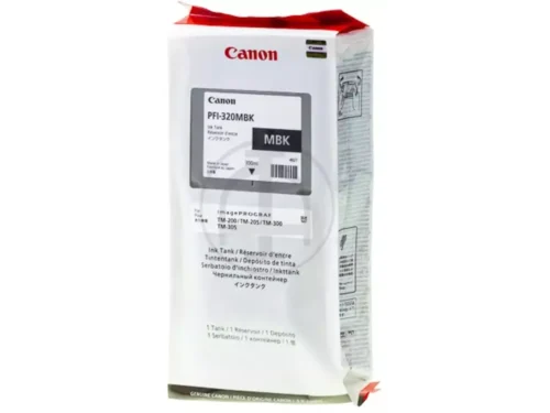 Canon PFI-320MBK is een matzwarte pigmentinkt van 300 ml, ideaal voor scherpe, duurzame afdrukken met compatibele Canon imagePROGRAF- en TM-serie