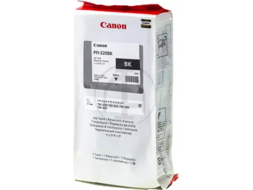 De Canon PFI-320BK is een zwarte pigmentinktcartridge van 300 ml, ideaal voor scherpe, duurzame afdrukken. Deze originele inkt is geschikt