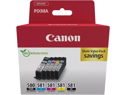 De Canon 2078C007 multi-verpakking biedt vijf inktcartridges in zwart, blauw, cyaan, magenta en geel voor scherpe afdrukken en levendige kleuren.