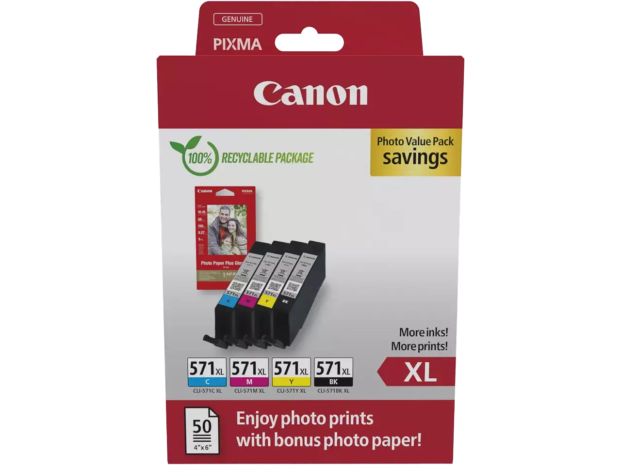 0332C006 Canon CLI571XL Pixma MG inkt en fotopapier voor scherpe prints De Canon 0332C006 inkjetcartridge biedt hoog XL-rendement in een handige 4-pack met zwart, cyaan, magenta en geel. Deze Photo Value-verpakking