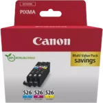 De Canon 4541B019 multipack bevat drie cartridges in cyaan, magenta en geel, ideaal voor scherpe en levendige afdrukken. Deze Canon
