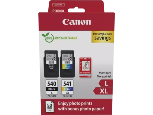 De Canon 5224B013 Photo Value-verpakking bevat een set van 2 cartridges in zwart, cyaan, magenta en geel, geschikt voor diverse