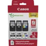 De Canon 5224B015 Photo Value-verpakking bevat drie inktcartridges in zwart, cyaan, magenta en geel, ideaal voor scherpe prints en levendige