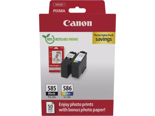 De Canon PG-585/CL-586 PVP is een handige Photo Value-verpakking met 2 cartridges in zwart, cyaan, magenta en geel voor heldere,