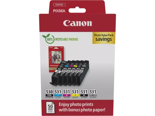 De Canon PGI-530/CLI-531 PVP is een handige Photo Value-verpakking met 6 cartridges in zwart, cyaan, grijs, magenta, fotozwart en geel