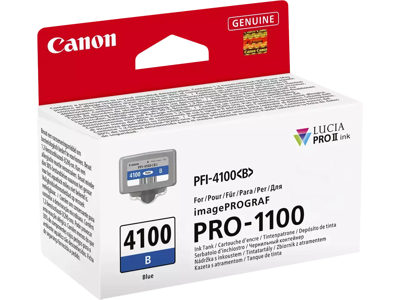 6786C001 Canon PFI4100B iPF inkt blauw Canon LUCIA PRO II is een originele inktcartridge met normaal rendement, speciaal ontworpen voor Canon imagePROGRAF printers. Deze enkele verpakking
