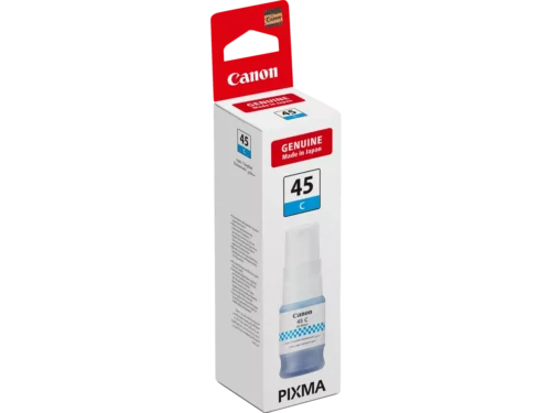 De Canon GI-45C is een cyaan inktcartridge in enkele verpakking, met een opbrengst tot 3000 pagina’s en 40 ml inhoud.