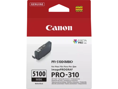 De Canon PFI-5100 MBK is een losse cartridge met 14,4 ml matzwarte inkt, ideaal voor scherpe en professionele afdrukken. Deze