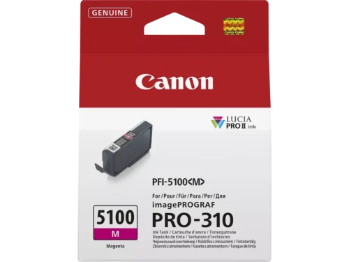De Canon PFI-5100 M magenta inktcartridge is een enkele verpakking met 14,4 ml gekleurde inkt, ideaal voor heldere en consistente