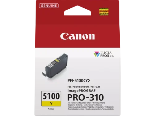 Canon PFI-5100 Y is een enkele verpakking met 14,4 ml gele inkt, ideaal voor scherpe en levendige afdrukken. Dit inktpatroon