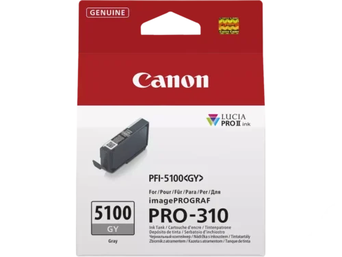 De Canon PFI-5100 GY is een enkele verpakking met 14,4 ml grijze inkt, ideaal voor scherpe en professionele afdrukken. Deze