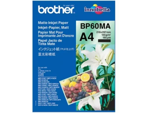Brother BP-60MA is mat A4-papier voor inkjetprinten, ideaal voor heldere afdrukken met een professionele afwerking. Dit papier is geschikt voor