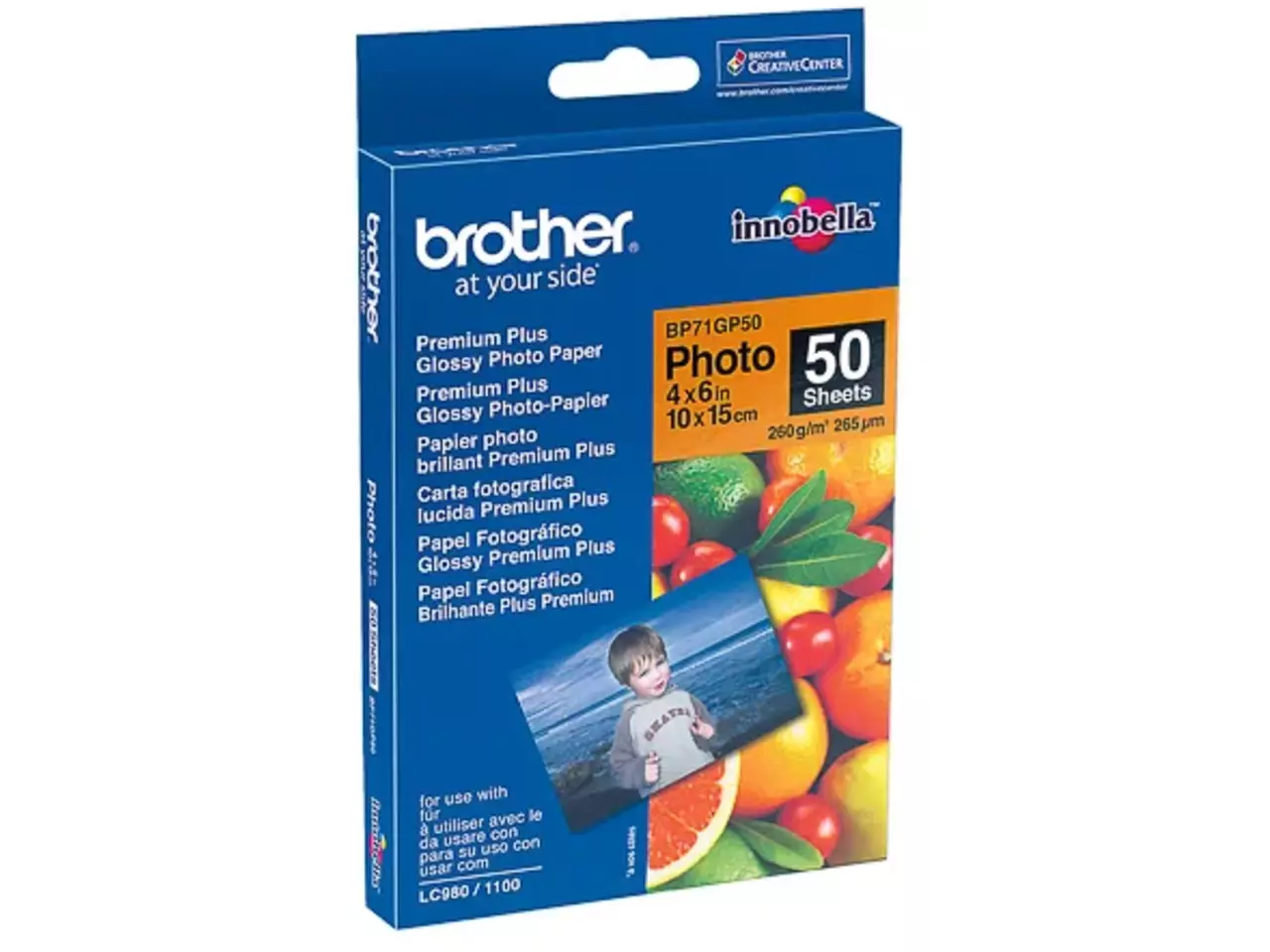 Bp71gp50 Brother Premium Plus fotopapier 10×15 cm 50 vel glossy De Brother BP-71GP50 is glanzend fotopapier met een hoog papiergewicht van 260 g/m², ideaal voor scherpe en levendige afdrukken. Deze