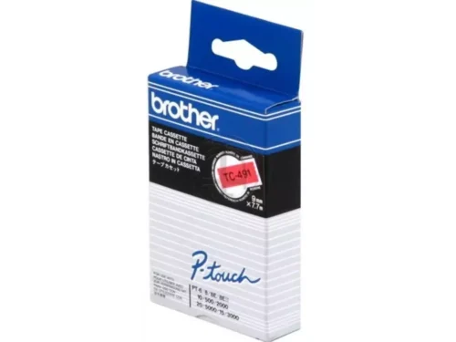 De Brother TC-491 is een hoogwaardige labeltape met zwarte tekst op een rode achtergrond, ideaal voor duidelijke en professionele etikettering.