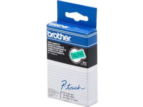 De Brother TC-791 is een praktische labeltape met zwart-op-groene afdruk, 9 mm breed en 7,7 meter lang. Deze tape is