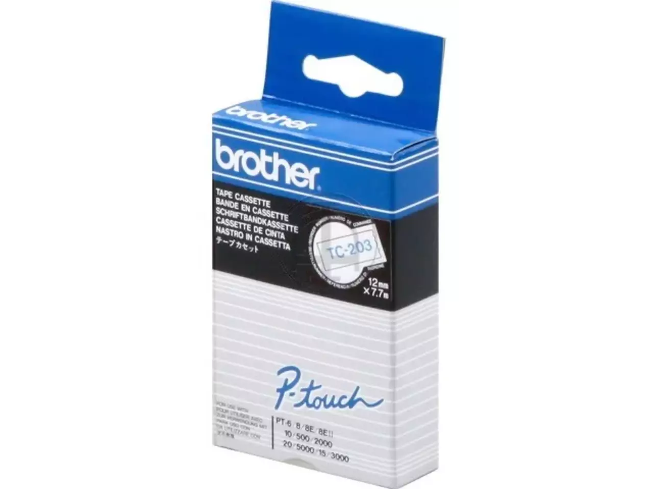 TC203 Brother PT labeltape 12mm wit blauw gelamineerd 7,7 meter De Brother TC-203 tape is een praktische labeloplossing met blauwe tekst op witte tape, ideaal voor duidelijke en professionele etikettering.