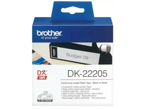Brother DK-22205 is een doorlopend etiket met zwarte opdruk op wit, ideaal voor diverse Brother labelprinters. Met een breedte van
