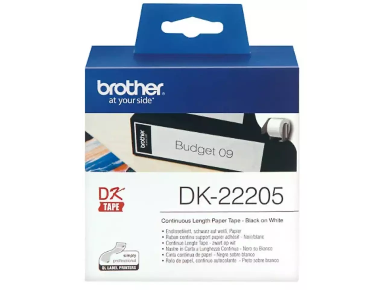 DK22205 Brother QL550 etiketrol 62mm wit zwart 30,48 meter permanent Brother DK-22205 is een doorlopend etiket met zwarte opdruk op wit, ideaal voor diverse Brother labelprinters. Met een breedte van