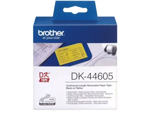 De Brother DK-44605 is een geel DK-label met een labelmaat van 62 mm x 30,48 m, ideaal voor diverse Brother