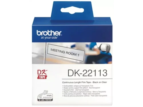 Brother DK-22113 is een transparante labeltape met zwart-op-zilver afdruk, ideaal voor duidelijke en professionele labels. Dankzij de breedte van 6,2