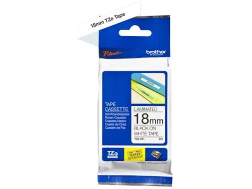 De Brother TZE-241 is een zwarte-op-witte TZe-tapelabel van 1,8 cm breed en 8 meter lang, geschikt voor uiteenlopende Brother P-touch