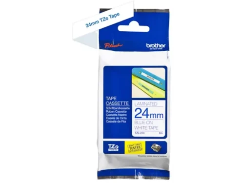 Brother TZE-253 is een blauwe tape op witte achtergrond, ideaal voor duidelijke en professionele labels. Dankzij de 2,4 cm breedte
