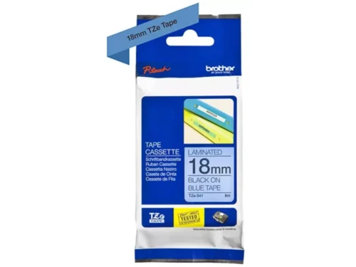 Brother Labeltape 18mm is een handige TZe-tape met zwart op blauw voor duidelijke, duurzame labels. Dankzij de breedte van 1,8