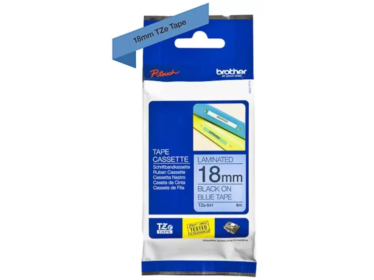 TZE541 Brother PT labeltape 18mm blauw zwart, 8 meter gelamineerd Brother Labeltape 18mm is een handige TZe-tape met zwart op blauw voor duidelijke, duurzame labels. Dankzij de breedte van 1,8