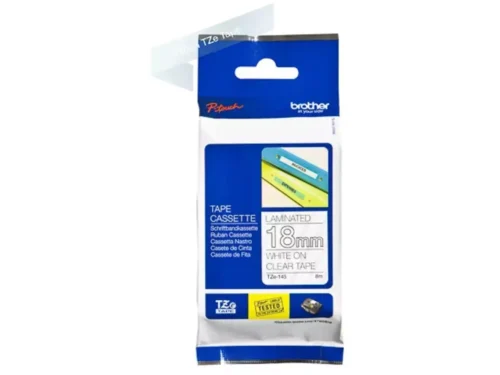 De Brother TZE-145 is een labeltape van 1,8 cm breed met witte tekst op transparante tape, ideaal voor strakke en