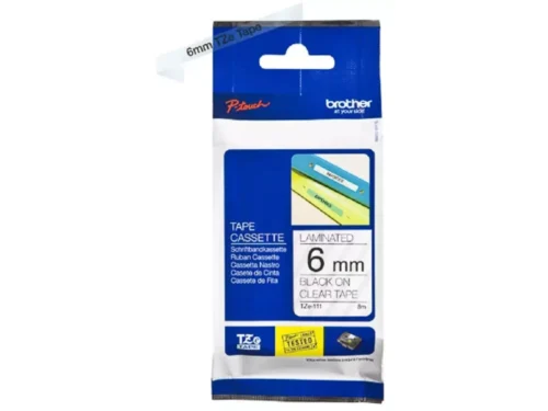 De Brother TZE-111 is een transparante TZe-tape van 6 mm met zwarte opdruk en een lengte van 8 meter, ideaal