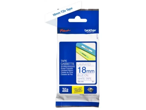 Brother TZE-243 is een blauwe-op-witte TZe-labeltape van 1,8 cm breed en 8 meter lang, geschikt voor een brede reeks Brother