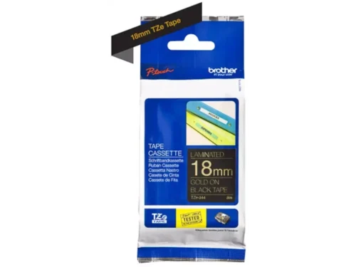 Brother TZE-344 is een goud-op-zwarte TZe-tape van 1,8 cm breed en 8 meter lang, ideaal voor scherpe, duurzame labels. Deze