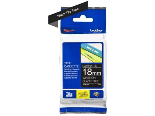 De Brother TZE-345 is een duurzame TZe-tape met witte tekst op zwarte achtergrond, ideaal voor duidelijke en professionele labels. Met