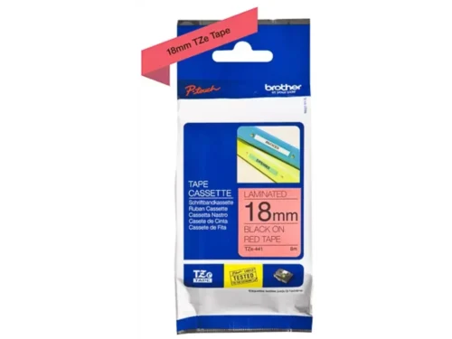Brother TZE-441 is een TZe-labeltape van 1,8 cm breed en 8 m lang, met zwarte tekst op rode tape voor