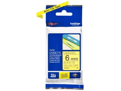 De Brother TZE-611 is een praktische labeltape met zwarte tekst op een gele achtergrond, ideaal voor duidelijke en opvallende labels.