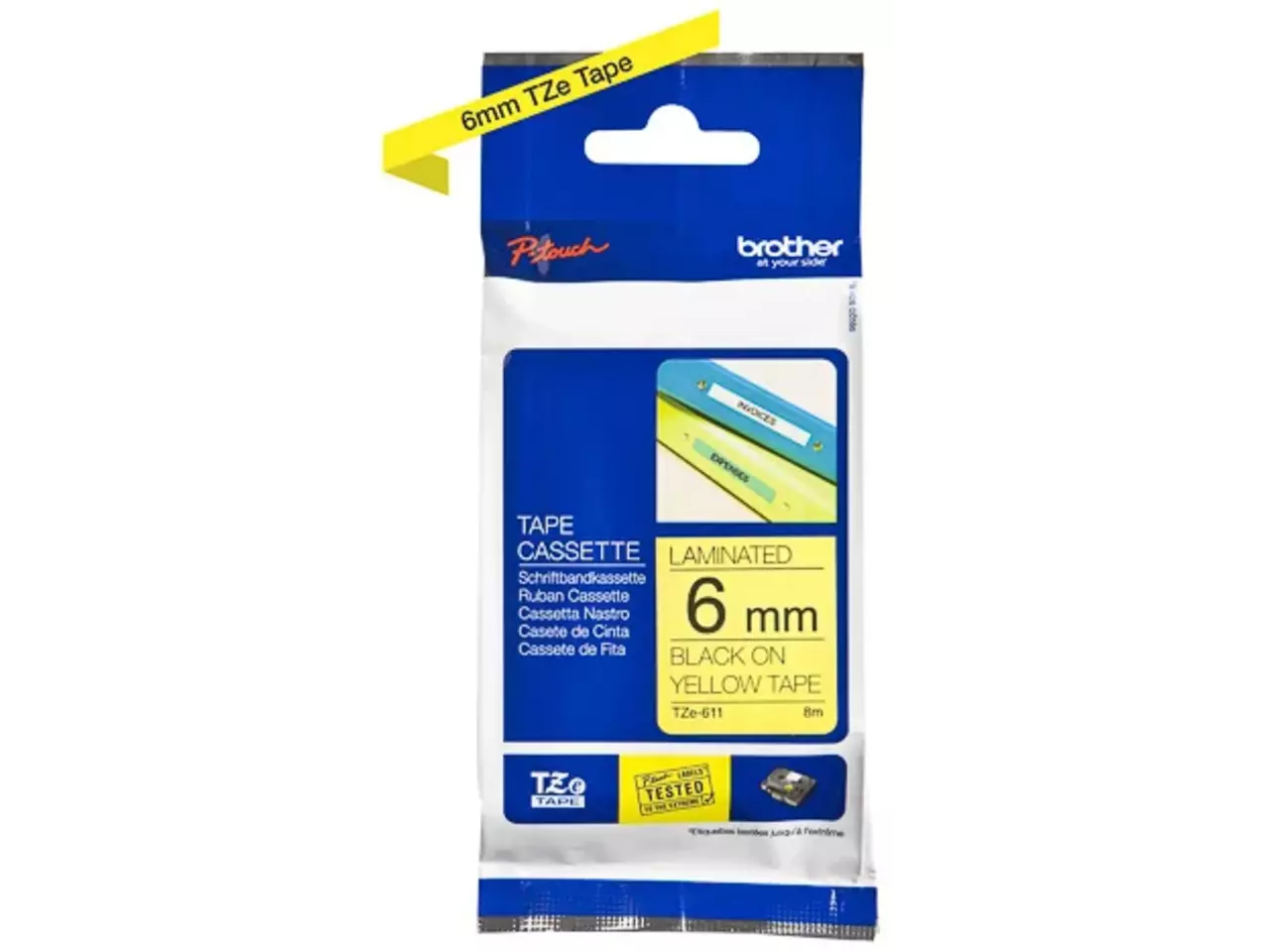 TZE611 Brother PT labeltape 6mm geel zwart 8 meter gelamineerd De Brother TZE-611 is een praktische labeltape met zwarte tekst op een gele achtergrond, ideaal voor duidelijke en opvallende labels.