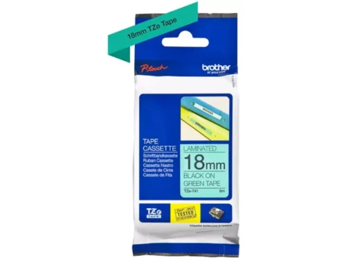 De Brother TZE-741 is een duurzame TZ-labeltape met zwarte tekst op groen, ideaal voor duidelijke en professionele labels. Met een