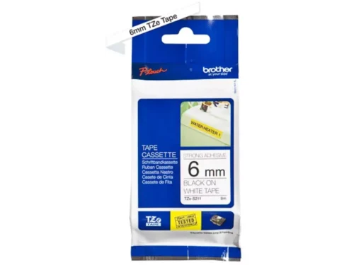 Brother TZE-S211 is een zwarte TZ-tape van 6 mm breed en 8 meter lang, ideaal voor diverse Brother P-touch labelprinters.